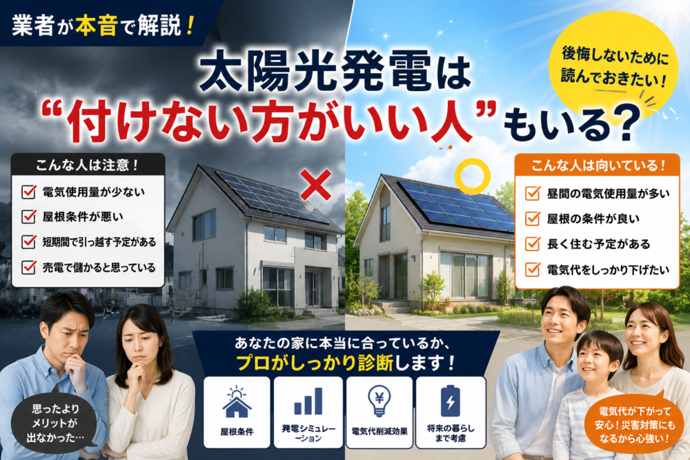 【業者が本音で解説】太陽光発電は“付けない方がいい人”もいる？向いている家・向いていない家を徹底解説