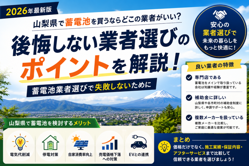 【2026年最新版】山梨県で蓄電池を買うならどこの業者がいい？失敗しない業者選びのポイントを解説